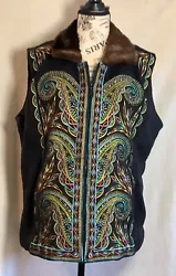 Bob Mackie Wearable Art Vest Womens Size Md Multi Colored Embroidered Full Zip Fleece Faux Fur Trim. 24” Shoulder to...