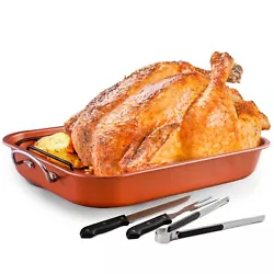4” with a carving set that features a 13” knife, 11” fork, and a 10” tongs. Durable - This turkey roaster is...