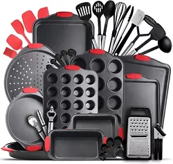 Includes baking pan, pizza pan, small cookie sheet, 2 round pans, square pan, loaf pan, big cookie sheet, 12 & 24 cup...
