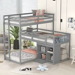 Twin Triple Bunk Bed, L-Shaped Wood Triple Twin Size Bunk Bed with Storage Cabinet, Blackboard and Ladder, Gray....