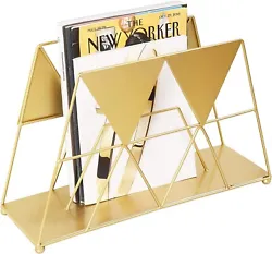 2 slot gold tone geometric metal desktop magazine holder rack Can accommodate several large magazines, letters, file...