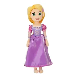 Soft plush Rapunzel dreams of towering adventures. With long golden hair, satin ribbons, and signature dress, shes sure...