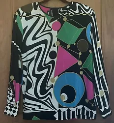 Vintage 1980s LOUIS FERAUD Vibrant Abstract Print Silk Couture Blouse. Size 4. 2 Covered buttons for back closure....