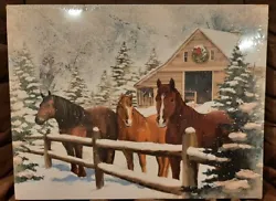 Add a touch of rustic charm to any room with this LED Canvas Print featuring beautiful horses in a snowy barn landscape.