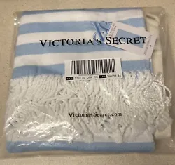 Brand New Sealed 2023 Victorias Secret Beach Blanket Blue and White Stripes. Includes a handle to hold the blanket.