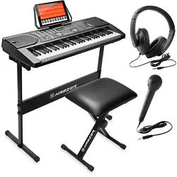Includes: 61-Key Electronic Keyboard Piano, Adjustable Keyboard Stand, Sheet Music Stand, Headphones, Microphone, DC...