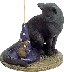 A black cat peers down at a small mouse as it tries to hide behind a star-adorned witchs hat on this finely-crafted and...
