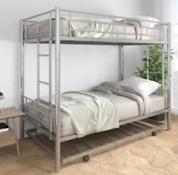 Twin Metal Bunk Bed with Trundle/Twin Over Twin Bunkbed/Twin Size Convertible.