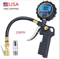 Multifunctional tire inflator includes a pistol grip trigger gun, locking chuck and tire pressure gauge. - Clip-on...