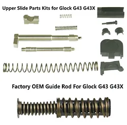 Glock 43 Guide Rod and Recoil Spring. Upper slide parts kit includes Slide Cover Plate. Channel Liner. Spacer Sleeve....