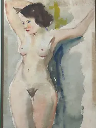 Très belle et rare aquarelle de Jeanne Besnard-Fortin, nu féminin aux bras levés.