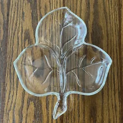 Vintage Clear Glass Leaf Candy Nut Relish Divided 3-Section Dish. Approximately 8” x 7” x 1”. In beautiful...
