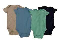 Set of 4 bodysuits. Snap closure, NWOT. Light blue, navy blue, grey, teal solid colors. No stains rips or wear! A013