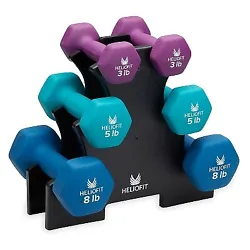 •Includes rack with 1 pair each of 3lb, 5lb, and 8lb dumbbells •Comfortable, non-slip grip •Neoprene shell...