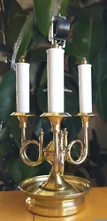 Vintage Bouillotte Style Brass Lamp with 3 French Horn Arms and 2 Sockets. It stands 17.5