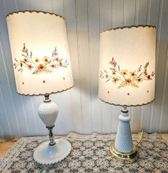 Vintage Pair Match Flower Pressed Lamp Shades Milk Glass Hobnail Bedside Table. The shades are 9