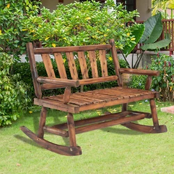 · -Rustic style：This chic outdoor double wooden rocking chair adds mood to your courtyard. This courtyard rocking...