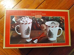 2 Spode Christmas Tree Peppermint Conical Mug W/ Spoons 14oz - New.[RB6] Unused Christmas Gift , opened box to view but...
