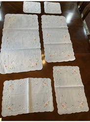 Vintage white Floral And Bee embroidered linen dresser or table runner 6pieces. 1- 33”x16.5”2- 17”x11”2-...
