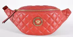 New with Tags Style: 1A02151 Soft Quilted Red Leather Golden Medusa Head Plaque Zip Close Adjustable Waist Strap...