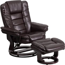 Contemporary Multi-Position Recliner with Horizontal Stitching and Ottoman with Swivel Mahogany Wood Base in Brown...