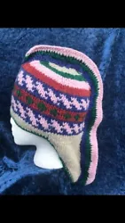 Handmade Crochet Wool Pink and Navy Mohawk Winter Hat. Condition is 