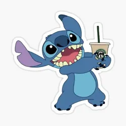 Stitch Drinking Coffee Starbucks Lilo Disney Cute Water Resistant Vinyl Sticker Decal Size: 3x3 inches Custom colors...