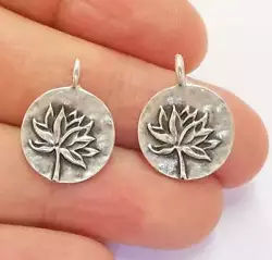 Round Lotus Flower Tree Forest Antique Silver Plated Charms jewelry Accessories. Color: Antique Silver.