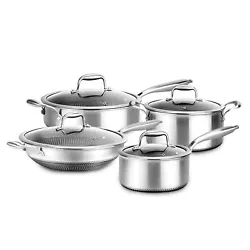 Includes pots and pans, a stew pot, a saucepot, a jumbo cooker, and a large frypan, all with a lid and handle. 8-piece...