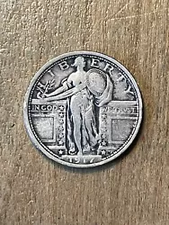 1917(Type 1) Standing Liberty Quarter VF. Attractive better date coin with sharp detail in shield, nearly full drapery...