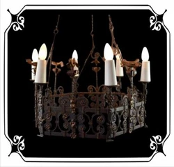 Beautiful large chandelier, with 6 luminous points, of style high period, of riveted wrought iron. It is decorated with...