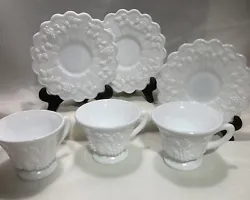 Westmoreland Milk Glass 3 Tea Cups 3 Saucers Paneled Grape PatternUsed…Excellent Condition… No chips or cracksOn...