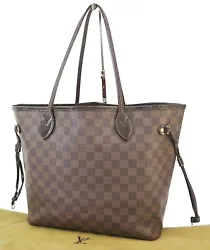 LOUIS VUITTON Neverfull MM. Damier canvas and leather. Damier canvas has discoloration, wrinkles and rubbing. D-ring to...