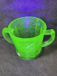 Green Depression Glass Etched Open Sugar Bowl with 2 Handles (No Lid). Wide 4 3/4” without handles.