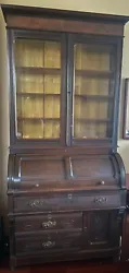 Antique Victorian Walnut Cylinder Secretary Desk Bookcase. Completely original. This includes glass, knobs, handles,...