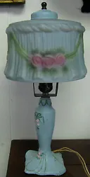The shade is in fantastic condition. 1920s PAINTED BOUDOIR LAMP WITH REVERSE GLASS PAINTED PUFFY SHADE. We buy...