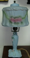 The shade is in fantastic condition. 1920s PAINTED BOUDOIR LAMP WITH REVERSE GLASS PAINTED PUFFY SHADE. We buy...