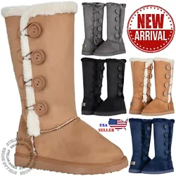 Ultra soft suede uppers and imitation wool lining. WARM DESIGN: Classic winter boots with four buttons to the side to...