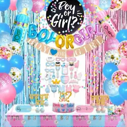 Boy or Girl?. Amazing Backdrop: With our he or she gender reveal party supplies, you will get a blue and pink backdrop...