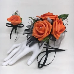 Triple Orange Foam Rose on Black Glamour Prom Corsage & Boutonniere Combo. Ideal to enhance any flashy and stunning...