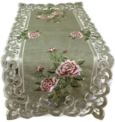The pink embroidered roses are on a sage green burlap linen fabric. In other photos, youll see a close up of the...