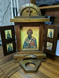 Tryptych, Handmade, 6 Saints, Mary, Wood, 2 doors, Candle Holder, Wall Hanger. Central Image, I dont know the saint....