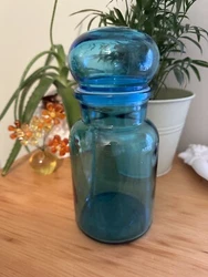 vintage Belgium blue Apothecary jar canister with bubble lid. This is a pre-owned item and may show normal signs of use...
