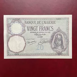 ETAT RARE Algérie Billet 20 Francs Banque De L Algérie 1927Superbe+ /XF+PROCHE SPLENDIDE AUCUN PLI 3 trous d...
