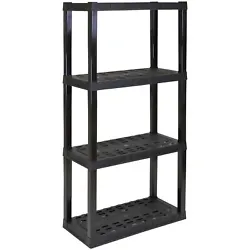 Heavy-duty molded plastic resin shelves hold 150 lbs. (68 kg) each and will not rust, dent, stain, or peel. 
