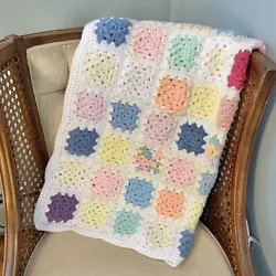 NEW never usedHANDMADE CROCHET BABY BLANKET Granny Square White and Pastel colors, Unisex, Measures 36”x44”    ...