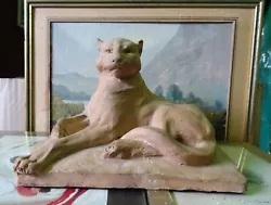 Signée sur la terrasse : Charles Virion ( 1865 - 1946 ), XIXe. Sculpture de chat au repos en terre cuite. Largeur : 17...