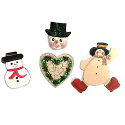 Lot of 4 PINS Christmas Brooches Lapel Pin Wooden 3 Snowmmen 1 Heart. Measure largest to smallest- 2.5”-1.5”