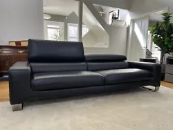 Roche Bobois Black Leather Sofa with Adjustable Headrests & Stainless Steel Legs. Buyer May pick-up or arrange own...
