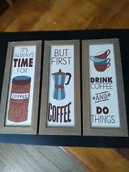 Three Piece Set Coffee Coffee Pot Cups Wood Canvas Signs/Pictures hanging. New. Cute three piece wall hanging set. New...
